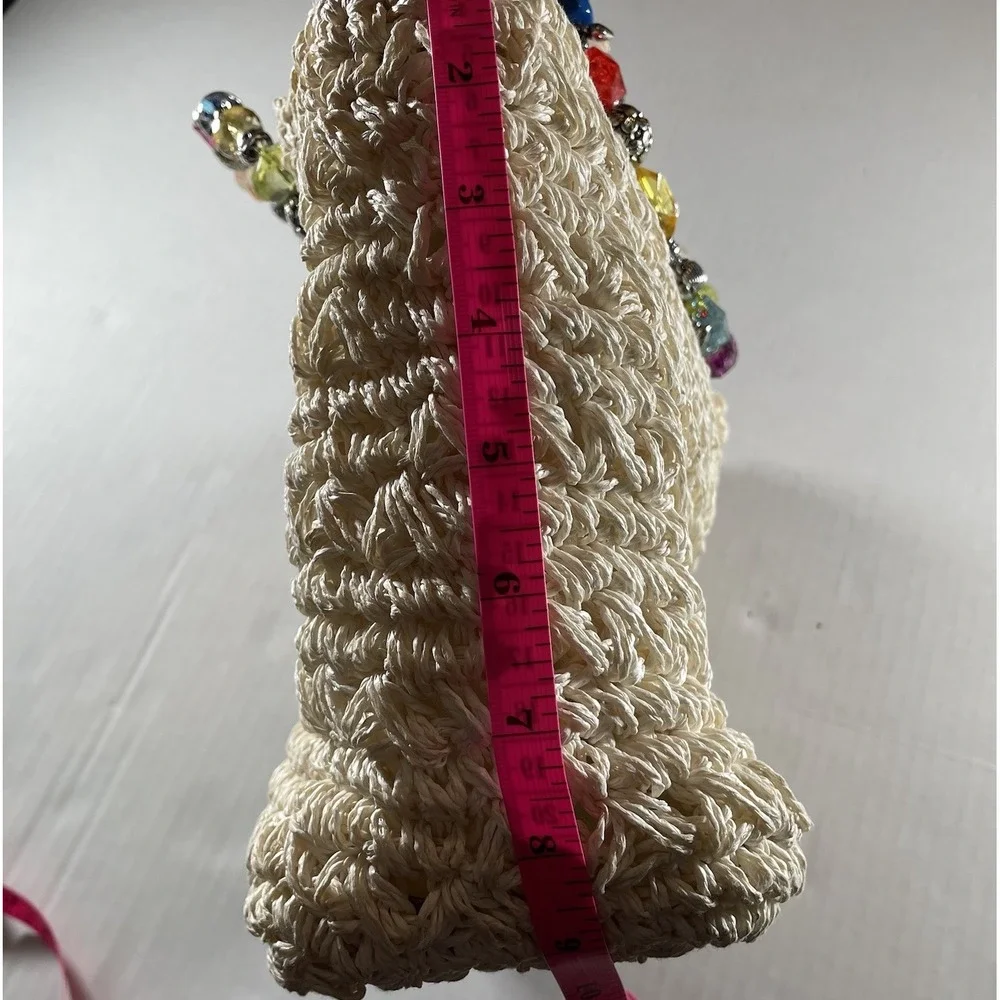 Boho‎ Woven Straw Handbag w/ Multicolor Beaded Handle Blue Miami
